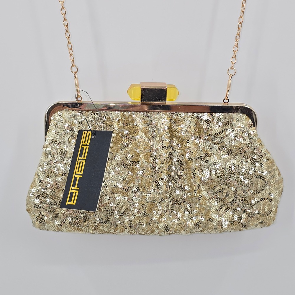 NEW Sasha Gold Sequin Evening Clutch Bag Yellow Clasp Purse